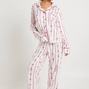 boohoo Dam Bågmönstrad långärmad skjorta & byxor, 3-delat pyjamasset | White | Storlek 36