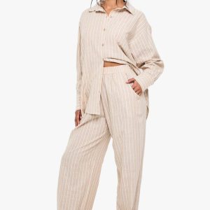 boohoo Dam Bomulls-pyjamabyxor med tonade, smala ränder | Beige | Storlek 34