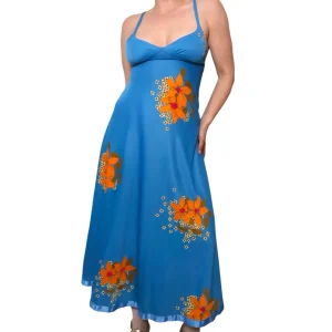 BLÅ KLÄNNING MED ORANGE BLOMMOR (XS)